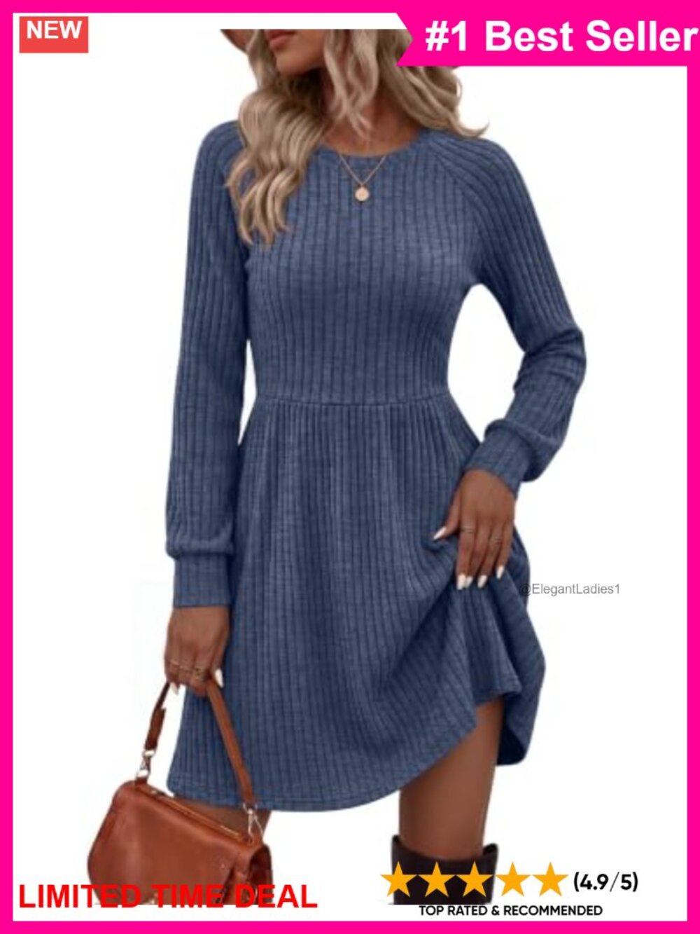 Ribbed Knit A Line Long Sleeve Sweater Dress with Pockets